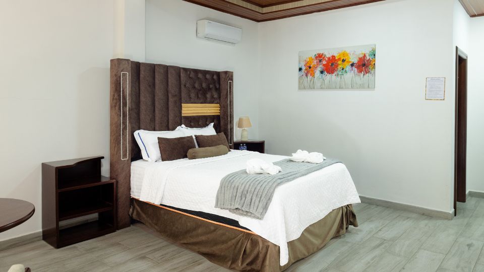 Habitación acogedora en Villa Shalom, con cama grande, decoración elegante y un cuadro de flores en la pared.
