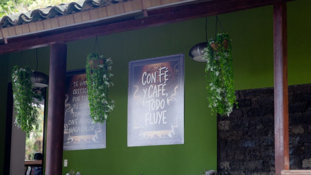 Pared verde de Villa Shalom con letreros que ofrecen café y comida, decorada con plantas colgantes.